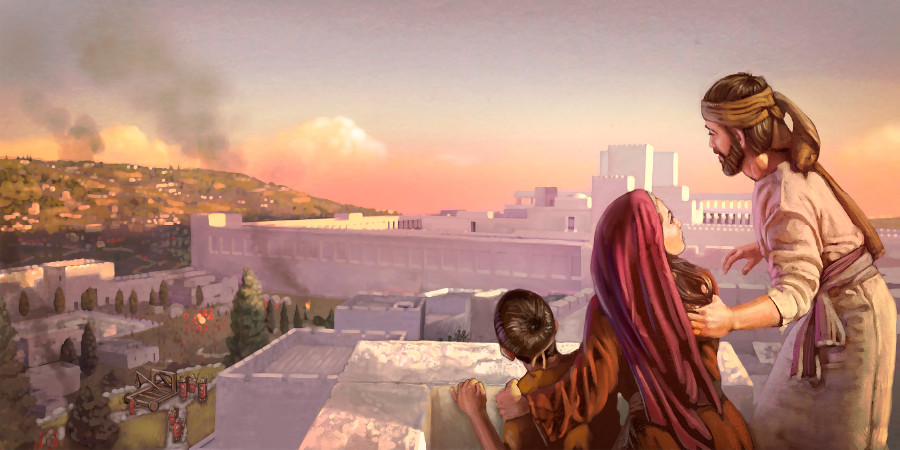 I asyrda ýaşaýan mesihçi maşgala üçekden ybadathananyň haýatynyň ýykylyşyna syn edýär