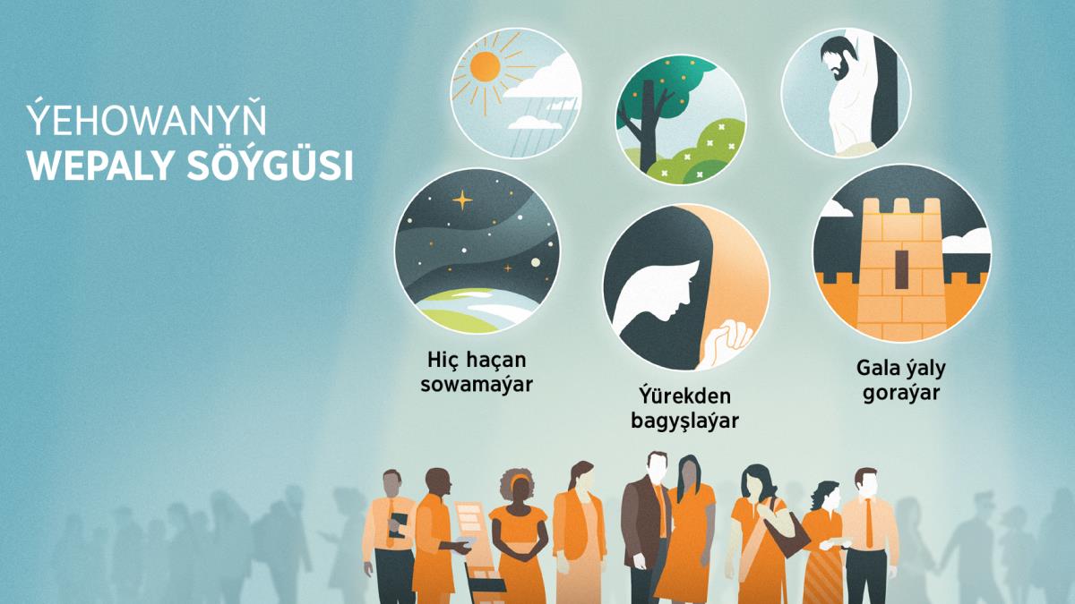 Köpçüligiň içinde Ýehowanyň Şaýatlary hem bar. Surat: Ýehowanyň wepaly söýgüsi. 1) Hiç haçan sowamaýar. Tegelek şekilde ýyldyzly asman görkezilen. 2) Ýürekden bagyşlaýar. Tegelek şekilde uýanyň doga edişi görkezilen. 3) Gala ýaly goraýar. Tegelek şekilde berk gala görkezilen. Şeýle-de tegelek şekillerde Ýehowanyň ähli adamlara söýgüsi görkezilen. 4) Gün we ýagyş. 5) Güller we agaçlar. 6) Töleg gurbany.