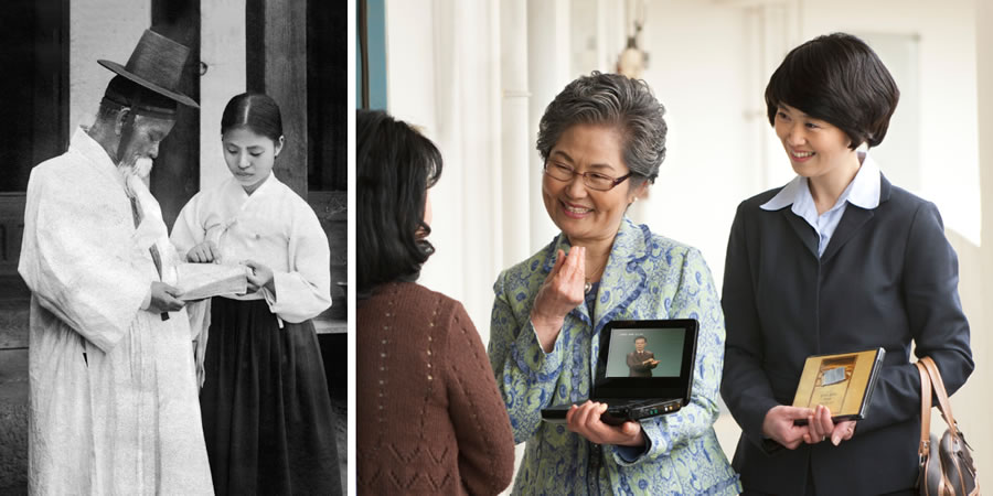 1. Isang colporteur na sister na nangangaral sa isang Koreano noong 1931; 2. Dalawang sister na nangangaral sa wikang sign language sa Korea ngayon