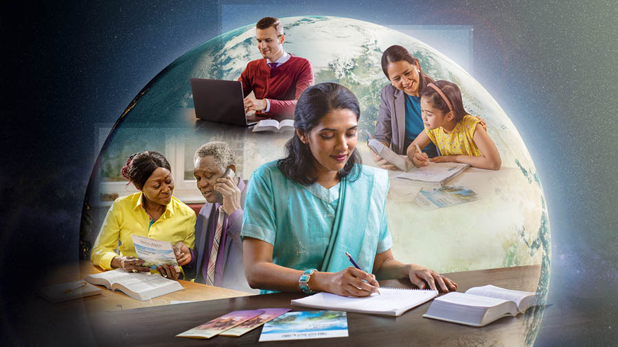 Collage: Masayang nangangaral ang mga kapatid na iba’t iba ang kultura. 1. Isang sister ang nagle-letter writing. 2. Isang mag-asawa ang nagte-telephone witnessing. 3. Isang brother ang nagta-type sa laptop niya. 4. Tinutulungan ng nanay ang anak niyang babae na gumawa ang sulat.