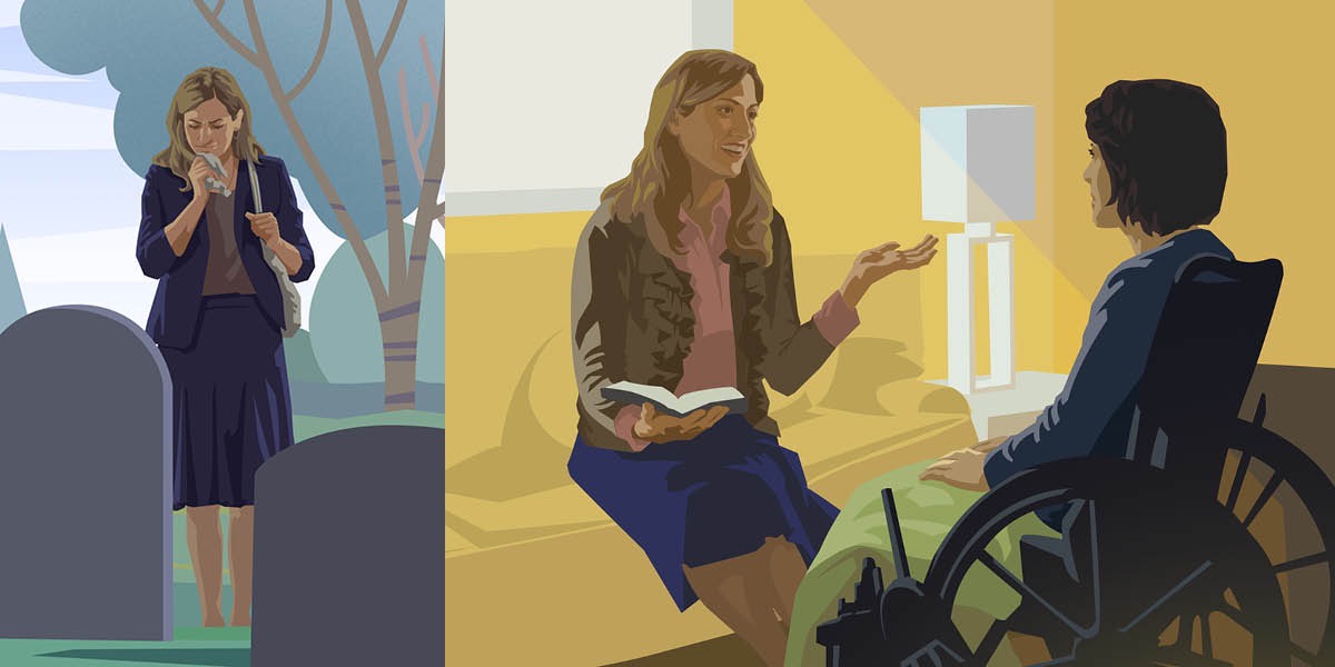 Babaeng nagdadalamhati sa sementeryo; babaeng naka-wheelchair na nakikinig sa mensahe ng Bibliya