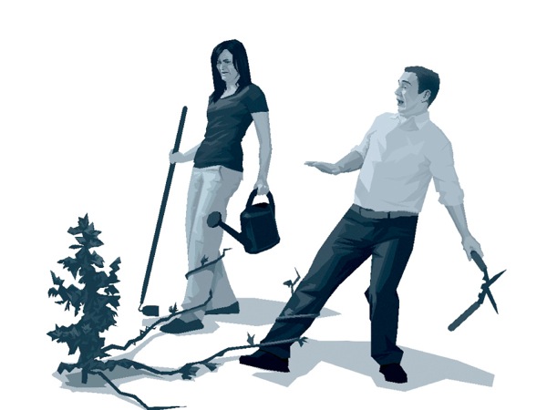 Weeds growing around the legs of a married couple