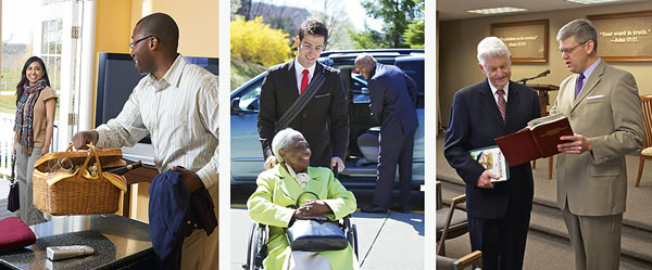 1. A couple planning a picnic; 2. A man helping an elderly friend; 3. Congregation elders consulting together.
