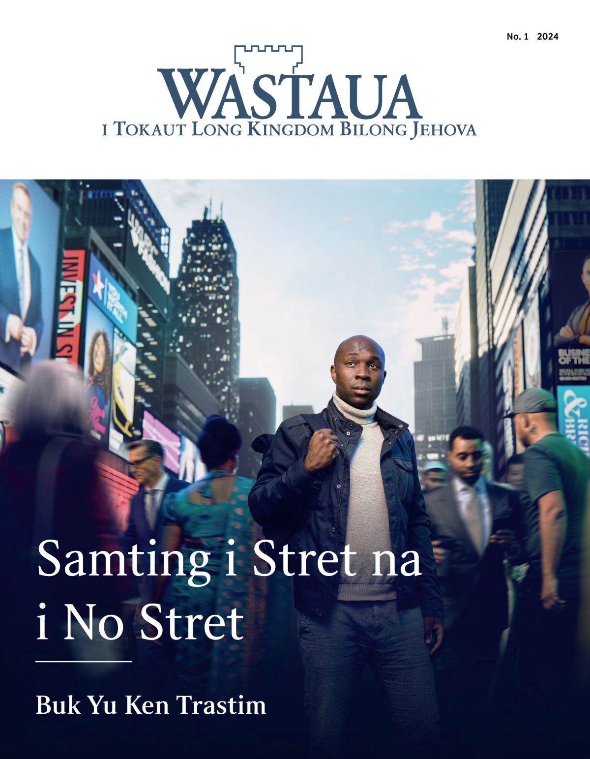 Wanpela yangpela man i sanap long strit i pulap long planti manmeri. Ol man bilong kain kain lain na bekgraun i go i kam abrusim em. I luk olsem em i laik painim wanpela bilong soim em long rot.