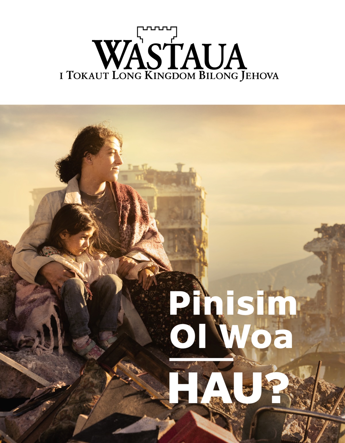 Wanpela meri i putim han i raunim liklik gel bilong em taim ol i sindaun antap long hip pipia bilong wanpela siti em woa i bagarapim. Ol i sindaun namel long ol bilding i bagarap long woa.