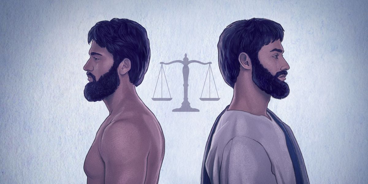 Âdem ve İsa’nın arasında dengede duran bir adalet terazisi görülüyor