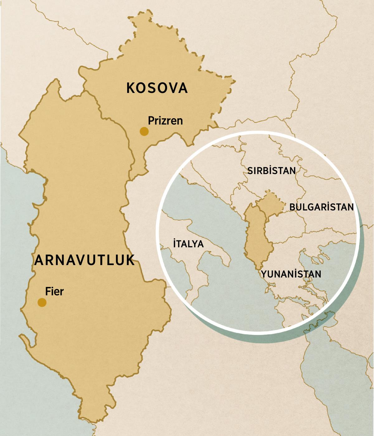 Kosova (noktanın olduğu yer Prizren) ve Arnavutluk (noktanın olduğu yer Fier) haritası. Küçük daire İtalya, Sırbistan, Bulgaristan ve Yunanistan dahil komşu ülkeleri gösteriyor.