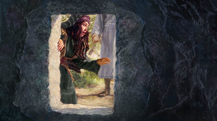 Mecdelli Meryem İsa’nın konulduğu mezarın kapısında duruyor, arkasında bir adam var.