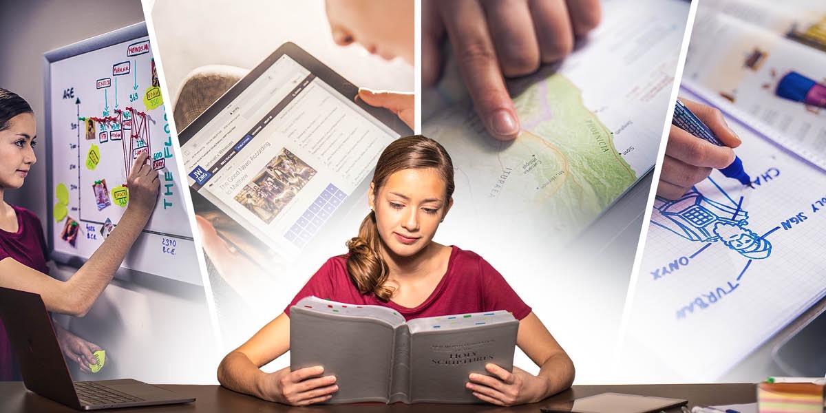 Bir genç Kutsal Kitap okumasından daha çok yarar görmek için bir zaman çizelgesi, jw.org’daki Kutsal Kitabın inceleme baskısını, bir harita ve bir çizim kullanıyor