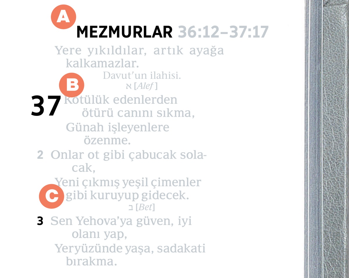 Kutsal Kitap’ın bir sayfasında A, B ve C kısımlarını gösteren işaretler.