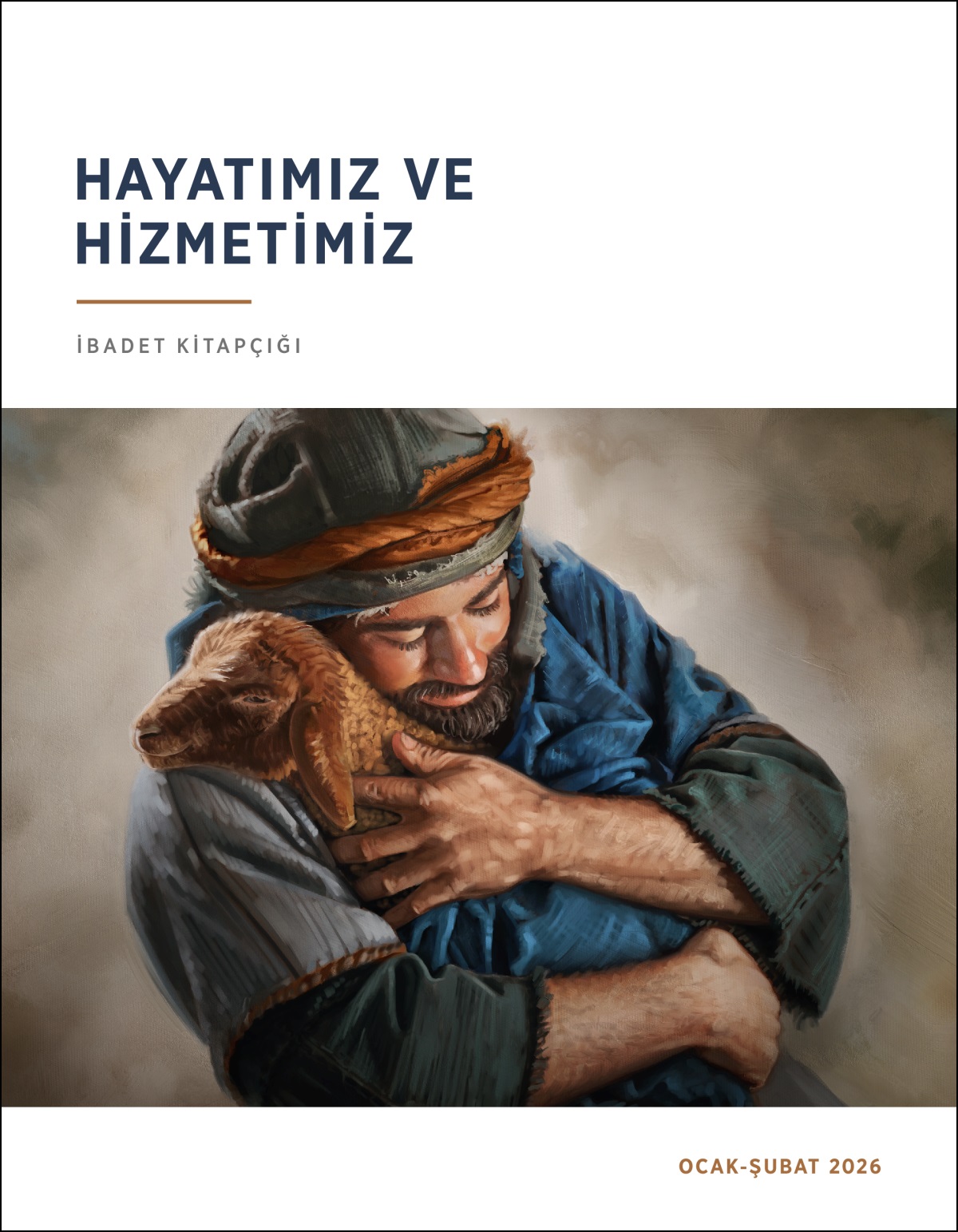 Bir çoban kolları arasındaki kuzuyu sevgiyle kucaklıyor.