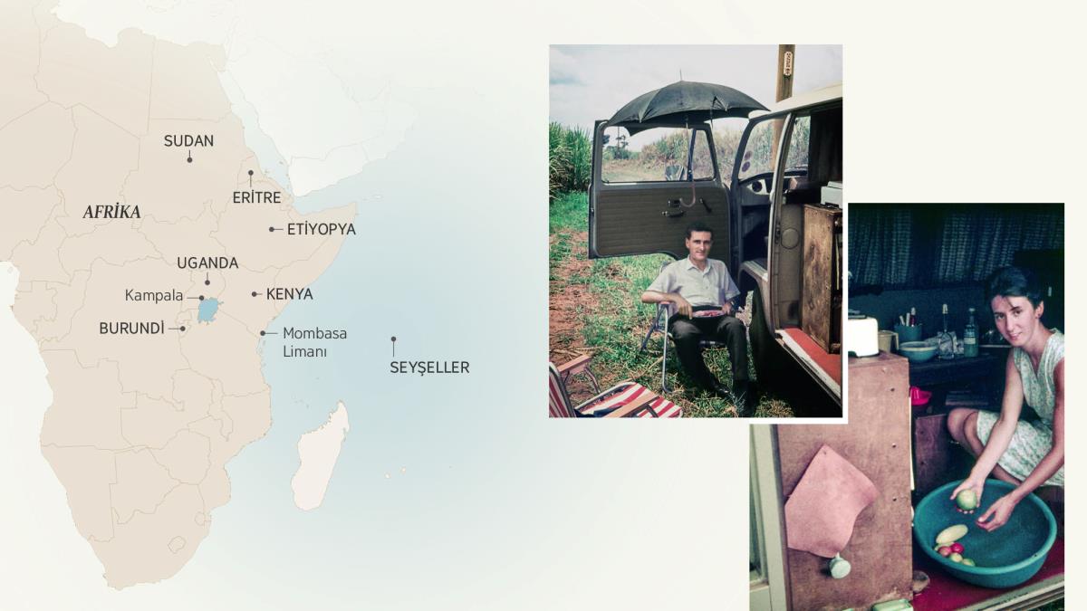 Resimler: 1. Stephen Hardy’nin hizmet ettiği yerleri gösteren bir Afrika haritası. 2. Stephen karavanının dışında, açılır kapanır bir sandalyede oturuyor. 3. Stephen’ın ilk eşi Barbara plastik bir leğende sebze yıkıyor.