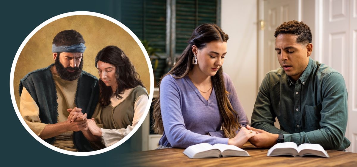 Bir çift el ele tutuşup dua ediyor. Küçük resimde de Yusuf ve Meryem el ele tutuşup dua ediyor.