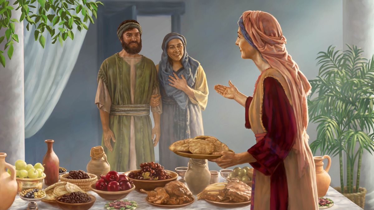 Eski İsrail’de bir kadın, bir karı kocayı evine davet etmiş ve sofrayı sağlıklı, lezzetli yemeklerle donatmış.