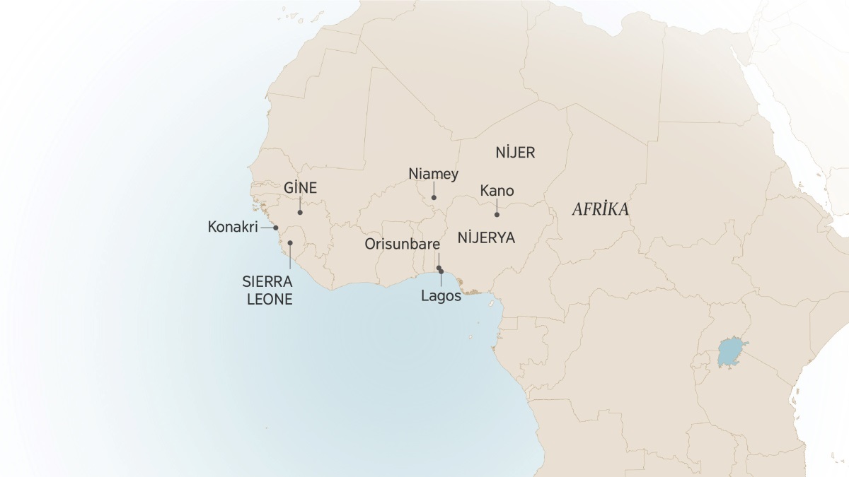 Batı Afrika haritası. Haritada Israel Itajobi biraderin yaşadığı ve hizmet ettiği bazı yerler gösteriliyor: Konakri, Gine; Sierra Leone; Niamey, Nijer; Kano, Orisunbare ve Lagos, Nijerya.