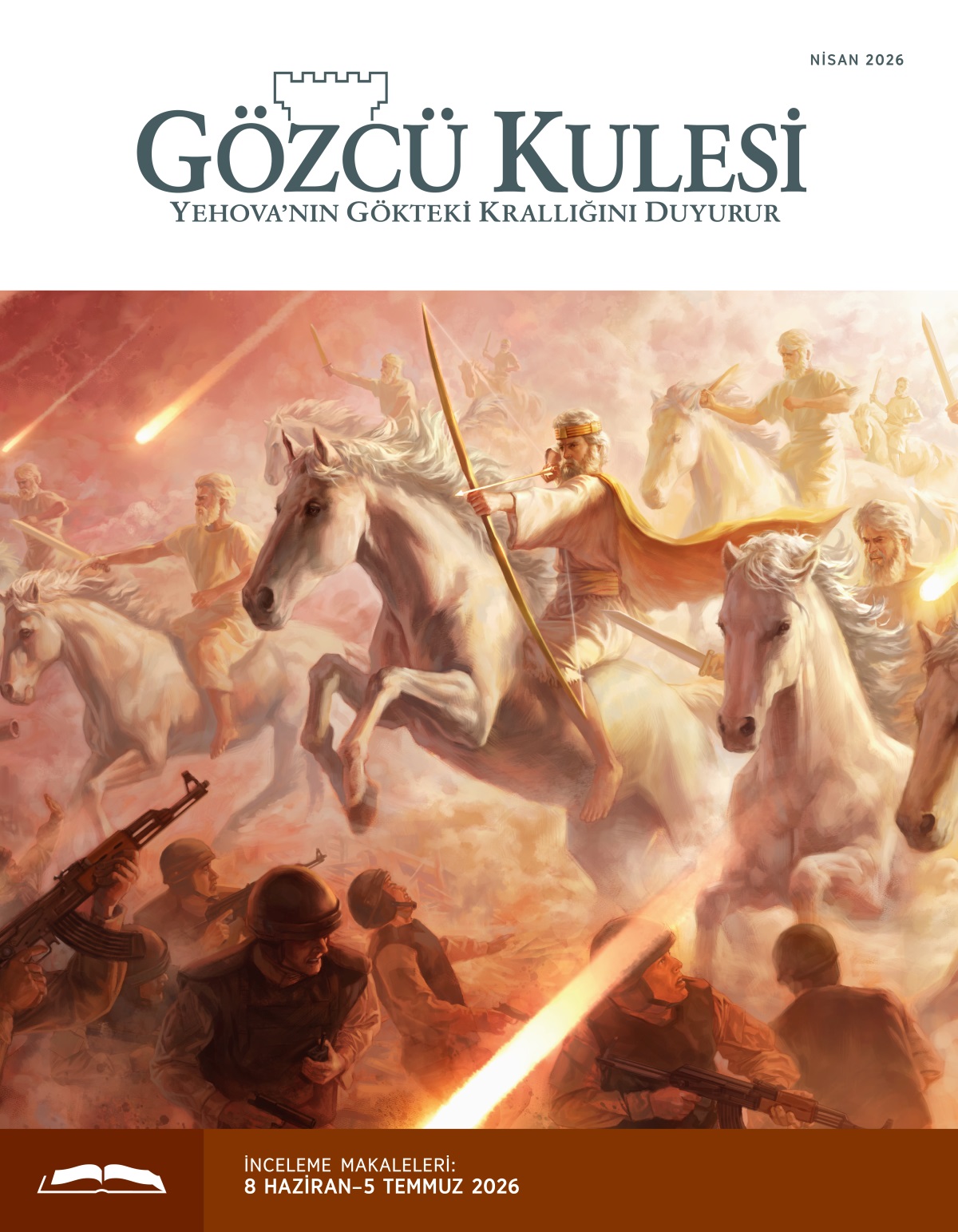İsa ve gökteki ordusu beyaz atlara binmiş yeryüzündeki silahlı askerlere saldırıyorlar.