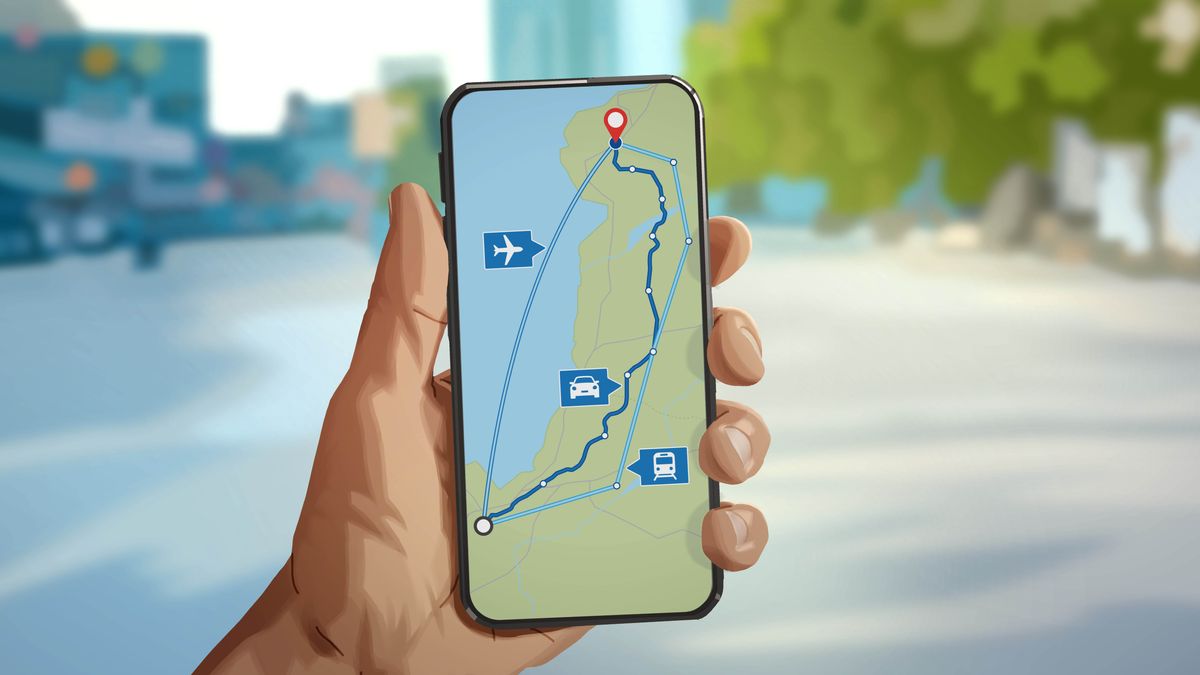 Telefondaki bir GPS uygulaması aynı yere giden farklı rotaları ve ulaşım şekillerini gösteriyor.