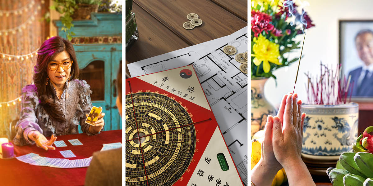 Resimler: 1. Falcı bir kadın müşterisine tarot falı bakıyor 2. Bir evin planı ile birlikte duran bir feng shui pusulası. 3. Bir kadın ölmüş olan atası için tütsü yakarak ona yiyecekler ve çiçekler sunuyor.