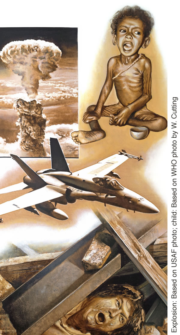 Scenes of the last days: a bomb exploding, a malnourished child, a war plane, a person trapped after an earthquake