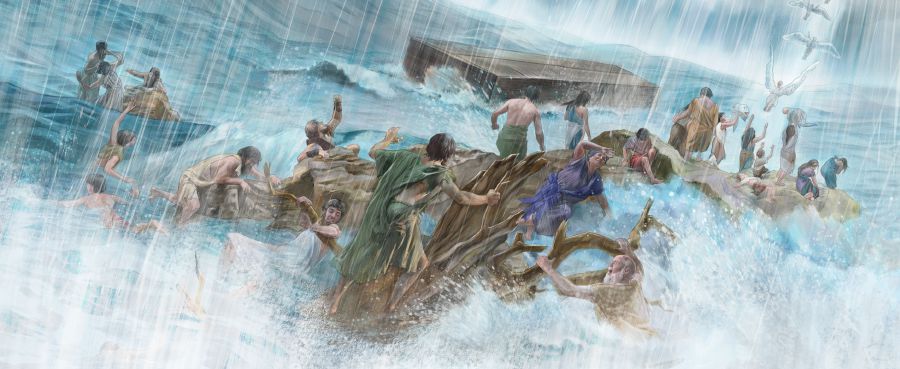 เรือ​ใหญ่​ลอย​อยู่ ส่วน​พวก​คน​ชั่ว​จม​น้ำ​และ​พวก​ทูตสวรรค์​ที่​กบฏ​เปลี่ยน​ร่าง​กลับ​ไป​เป็น​เหมือน​เดิม