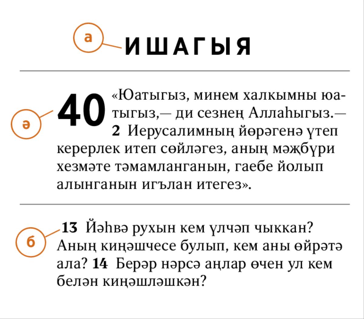 Изге Язмалардан китерелгән бер өзектән а) Изге Язмалар китабын ә) бүлеген һәм б) шигырен ничек табып булганы күренә