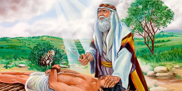 Abraham de ne ba Isak rebɛbɔ afɔre. Wohwɛ ne nifa so a, wubehu sɛ oguan bi aka nwura bi mu