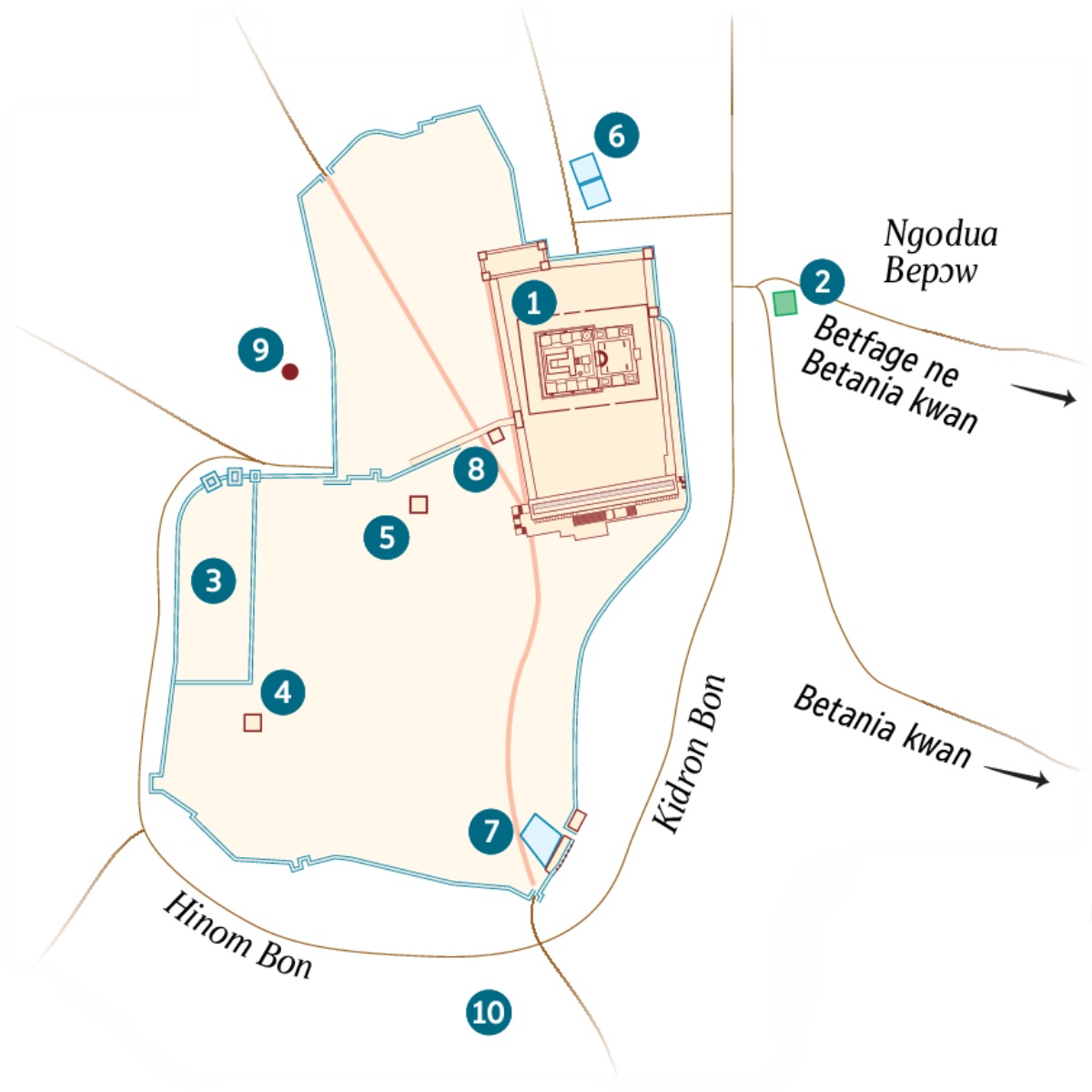 Yerusalem ne ne mpɔtam ho map. Mmeae a yenim baabi a ɛwɔ ne nea yennim baabi pɔtee a ɛwɔ nyinaa wɔ so bi. 1. Asɔrefi. 2. Getsemane Turo. 3. Amrado Ahemfi. 4. Kaiafa Fi. 5. Herode Antipa Ahemfi. 6. Betsata Ɔtare. 7. Siloam Ɔtare. 8. Sanhedrin Asa. 9. Golgota. 10. Akeldama.