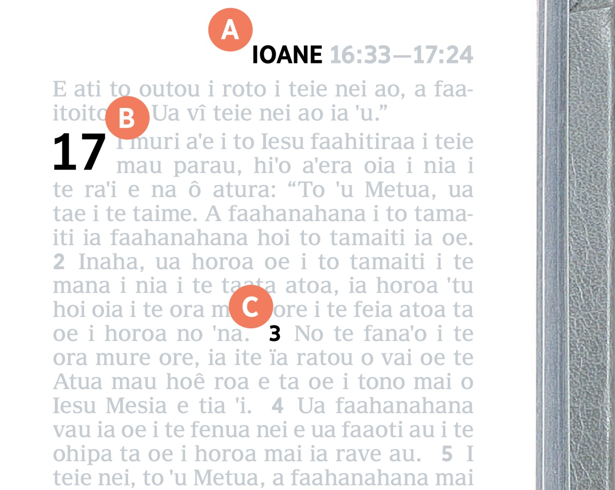 Te mau tapao o te faaite ra i te A, B e C i nia i te hoê api o te Bibilia.