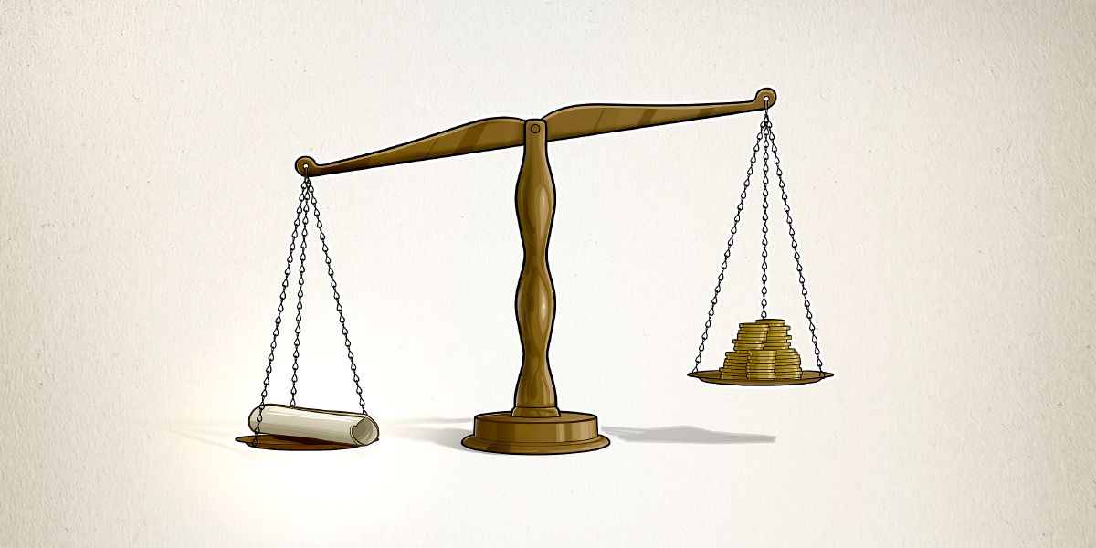 A set of scales with a scroll that weighs more than gold coins