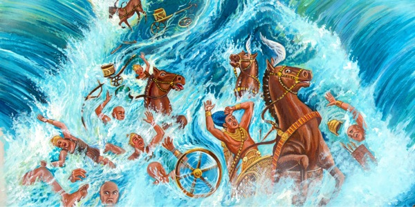 The waters of the Red Sea come back down over Pharaoh and the chariots of Egypt