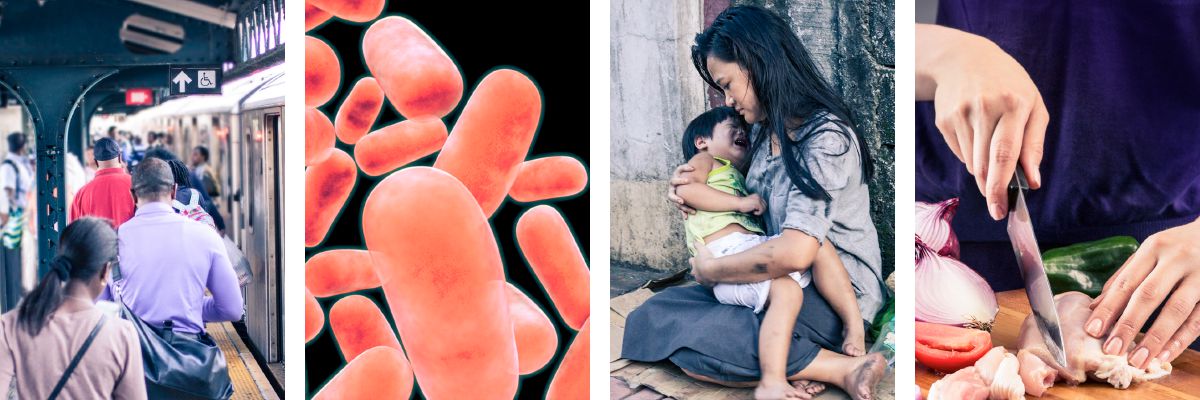 بیماری کے پھیلاؤ کی وجوہات:‏ سفر کرنا، جراثیم، غربت اور ناقص طریقے سے تیار کِیا گیا کھانا