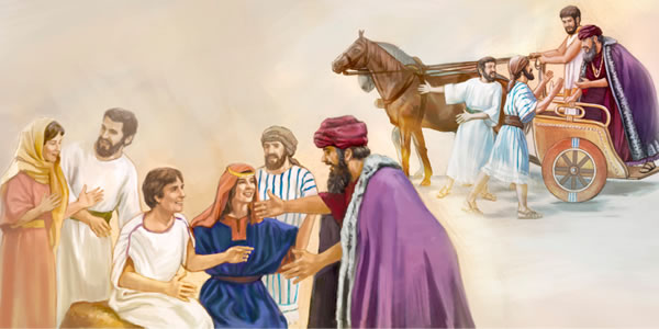 شاہی افسر کے غلام اُس سے راستے میں مل رہے ہیں؛ شاہی افسر اپنے بیٹے کو صحت‌یاب دیکھ کر خوش ہے۔‏