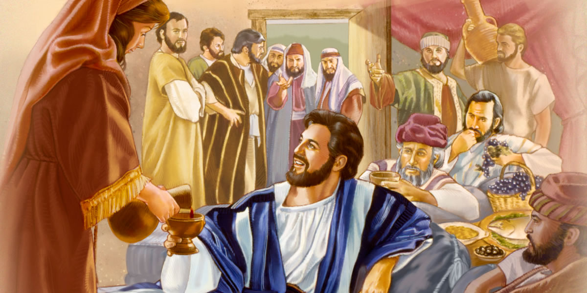 یسوع مسیح، متی کے گھر میں ٹیکس وصول کرنے والوں اور گُناہ‌گاروں کے ساتھ کھانا کھا رہے ہیں اور فریسی اُنہیں دیکھ رہے ہیں۔‏