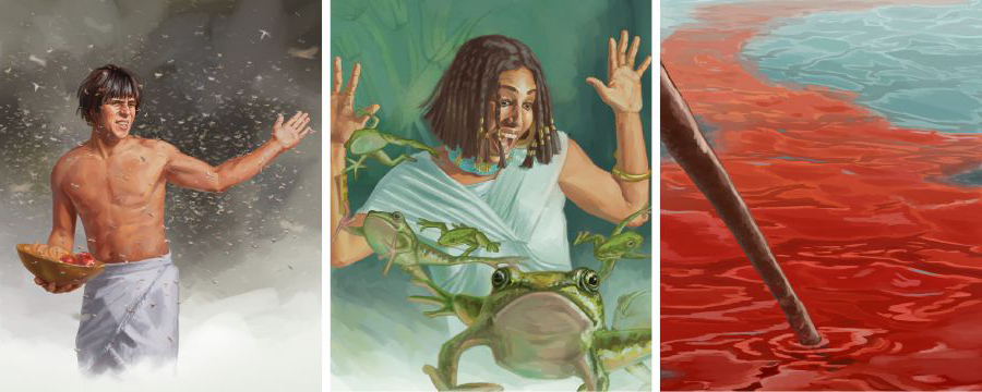 دس آفتوں میں سے تین آفتیں یہ تھیں:‏ دریائے‌نیل کا پانی خون بن گیا، ہر جگہ مینڈکوں سے بھر گئی اور پورے ملک میں مچھر پھیل گئے۔‏