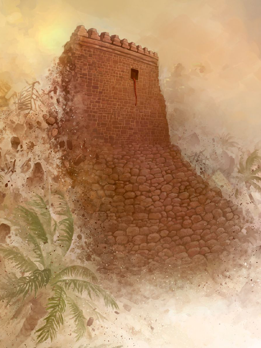 راحب کے گھر کی کھڑکی پر لال رسی لٹکی ہوئی ہے۔ صرف اُن کا گھر ہی بچا ہوا ہے جبکہ شہر یریحو کی باقی دیواریں گِر رہی ہیں۔‏