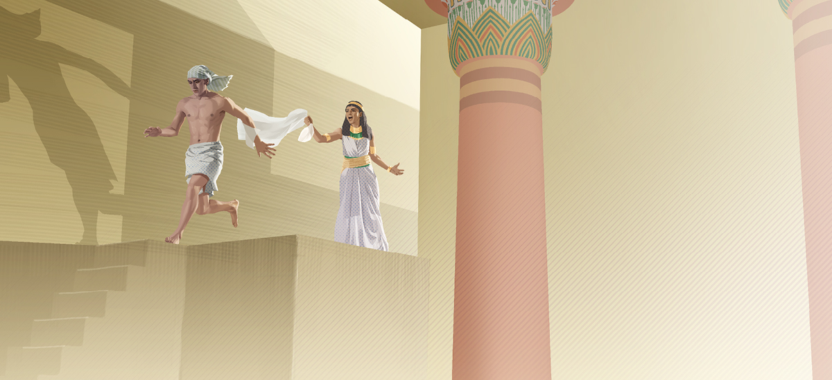 یوسف فوطیفار کی بیوی کے پاس سے بھاگ رہے ہیں۔ فوطیفار کی بیوی نے یوسف کا کپڑا ہاتھ میں پکڑا ہوا ہے۔‏