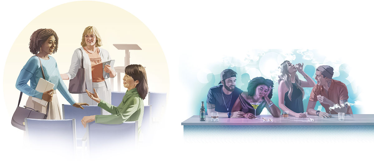 تصویروں کا مجموعہ:‏ 1.‏ ایک عورت اپنے بوائے فرینڈ کے ساتھ بیٹھی ناخوش نظر آ رہی ہے۔ وہ نائٹ کلب میں اپنے دوستوں کے ساتھ مل کر سگریٹ اور شراب پی رہی ہے۔ 2.‏ وہی عورت یہوواہ کے گواہوں کی عبادت‌گاہ میں ایک بہن سے بات کر رہی ہے اور خوش نظر آ رہی ہے۔‏