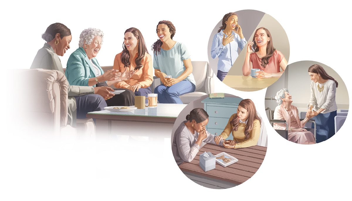 تصویروں کا مجموعہ:‏ ایک لڑکی اور اُس کی تین قریبی دوست۔ 1.‏ وہ اُن میں سے ایک سے فون پر بات کر رہی ہے۔ 2.‏ وہ اُن میں سے ایک سے جو کافی بوڑھی ہیں، کنگڈم ہال میں بات کر رہی ہے۔ 3.‏ وہ اُن میں سے ایک کو تسلی دینے اُس کے گھر گئی ہے۔‏