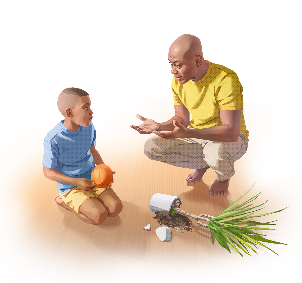 ایک والد گُھٹنوں کے بل بیٹھ کر اپنے بیٹے سے بات کر رہا ہے۔ بچے کے ہاتھ میں گیند ہے اور زمین پر ایک ٹوٹا ہوا گملا پڑا ہے۔‏