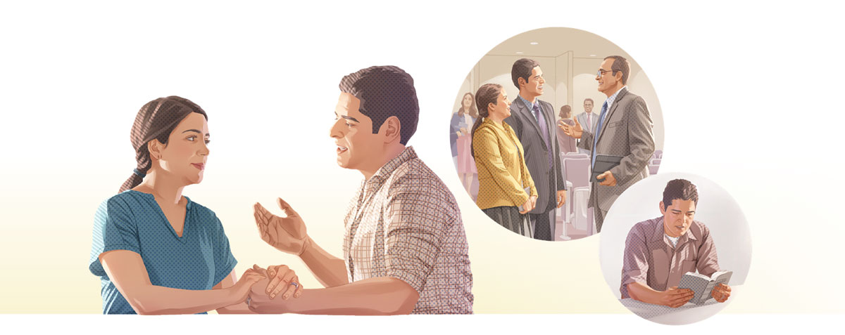 تصویروں کا مجموعہ:‏ وہی شوہر ایسے کام کر رہا ہے جن کی وجہ سے وہ اپنی بیوی کے ساتھ پیار سے بات کر رہا ہے۔ 1.‏ وہ بائبل پڑھ رہا ہے۔ 2.‏ وہ اور اُس کی بیوی عبادت‌گاہ میں اپنے ایک دوست سے بات کر رہے ہیں۔‏