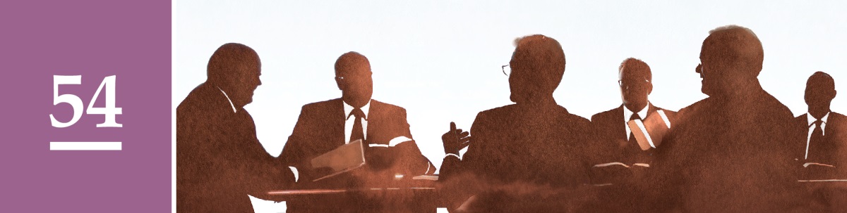 سبق نمبر 54.‏ یہوواہ کے گواہوں کی گورننگ باڈی کسی میٹنگ کے لیے جمع ہے۔‏