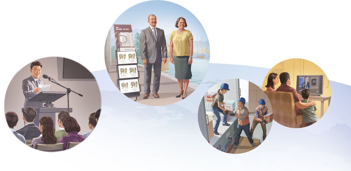 تصویروں کا مجموعہ:‏ پوری دُنیا میں یہوواہ کے گواہ گورننگ باڈی کی طرف سے ہدایتیں حاصل کر رہے ہیں اور اِن پر عمل کر رہے ہیں۔ 1.‏ ایک گھرانہ جے‌ڈبلیو براڈکاسٹنگ دیکھ رہا ہے۔ 2.‏ یہوواہ کے گواہ اِمدادی کارروائیوں کے لیے ایک ٹرک میں سامان رکھ رہے ہیں۔ 3.‏دو گواہ کتابوں والی ٹرالی کے پاس کھڑے مُنادی کر رہے ہیں۔ 4.‏ ایک بزرگ اِجلاس کے دوران ایک خط پڑھ رہا ہے۔‏