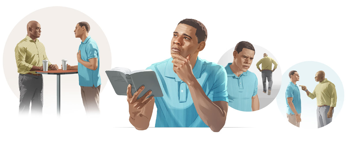 تصویروں کا مجموعہ:‏ ایک بھائی دوسرے بھائی سے صلح کر رہا ہے۔ 1.‏ دوسرا بھائی اُس سے بڑے غصے سے بات کر رہا ہے۔ 2.‏ جو کچھ اُس بھائی نے کہا، وہ اُس کے بارے میں سوچ رہا ہے۔ 3.‏ وہ بائبل میں سے اِس بات پر غور کر رہا ہے کہ جب کوئی ہمیں ٹھیس پہنچاتا ہے تو ہمیں کیا کرنا چاہیے۔ 4.‏ اُس نے اُس بھائی کو اپنے ساتھ کافی پینے کے لیے بلا‌یا ہے اور وہ اُس سے صلح کر رہا ہے۔‏