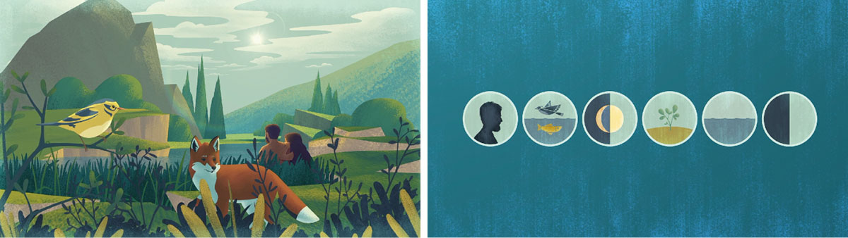 تصویروں کا مجموعہ:‏ویڈیو ”‏کیا کائنات کو کسی نے بنایا ہے؟—‏حصہ“‏ سے مناظر۔ 1.‏ جن چھ دنوں میں خدا نے زمین پر سب کچھ بنایا، اُس دوران زمین پر ایک شخص کو سب کچھ ایسا نظر آتا۔ 2.‏ جن چھ دنوں میں خدا نے زمین پر سب کچھ بنایا، اُن کے بعد زمین پر سورج کی روشنی، خشکی، پانی، ہریالی، پرندے، جانور اور اِنسان نظر آ رہے ہیں۔‏