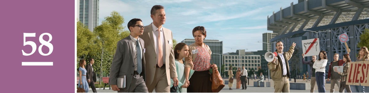 سبق نمبر 58.‏ ایک خاندان خاموشی سے کچھ برگشتہ لوگوں کے پاس سے گزر رہا ہے جو یہوواہ کے گواہوں کے ایک علاقائی اِجتماع پر آنے والوں پر آوازیں کس رہے ہیں۔‏