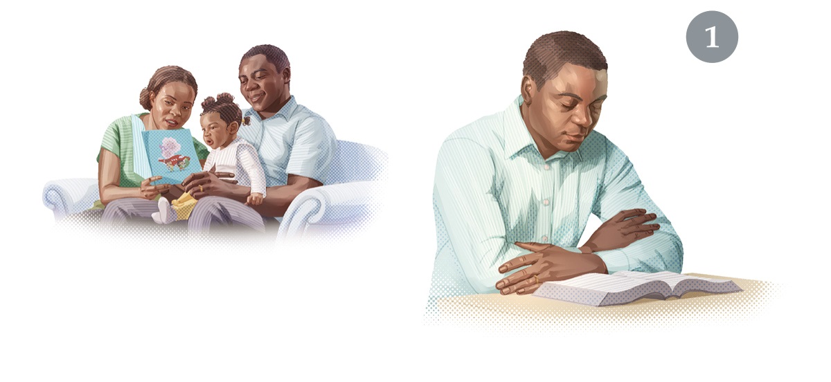 1.‏ تصویروں کا مجموعہ:‏ ایک بزرگ خدا کے ساتھ اپنی اور اپنے گھر والوں کی دوستی مضبوط کر رہا ہے۔ 1.‏ وہ بائبل پڑھنے سے پہلے دُعا کر رہا ہے۔ 2.‏ وہ اپنی بیوی کے ساتھ مل کر اپنی بیٹی کو بائبل کی باتیں سکھا رہا ہے۔‏