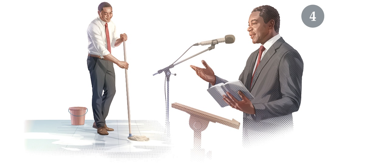 4.‏ تصویروں کا مجموعہ:‏ 1.‏ وہ بزرگ اِجلاس کے دوران تقریر کر رہا ہے۔ 2.‏ وہ بزرگ عبادت‌گاہ کی صفائی کر رہا ہے۔‏