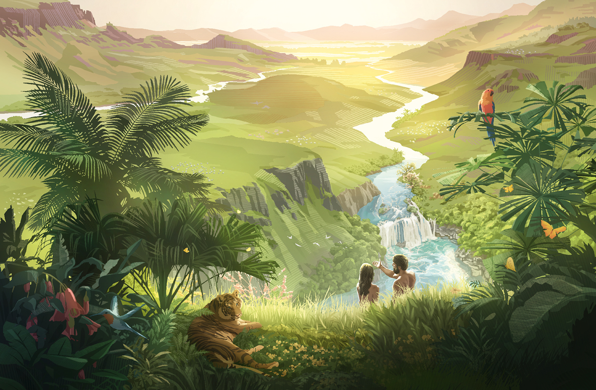 آدم اور حوا اپنے خوب‌صورت گھر کو دیکھ رہے ہیں جس میں ہریالی اور جانور ہیں۔‏