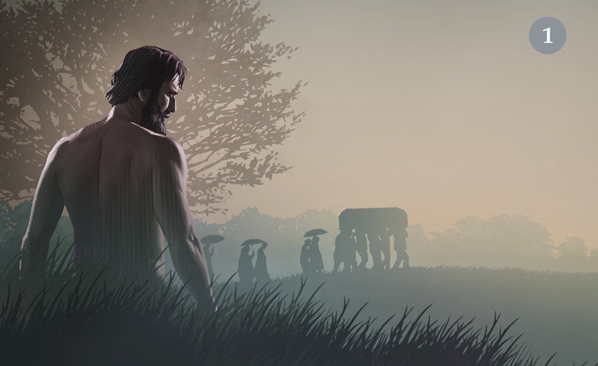 تصویروں کا مجموعہ:‏ 1.‏ آدم خدا کی نافرمانی کرنے کے بعد۔ 2.‏ ایک جنازہ جا رہا ہے اور اُس کے پیچھے پیچھے لوگ چل رہے ہیں۔‏