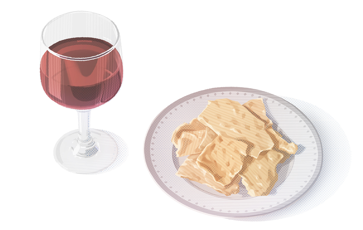 مسیح کی موت کی یادگاری تقریب پر لوگ ایک دوسرے کو بے‌خمیری روٹی اور مے پکڑا رہے ہیں۔‏